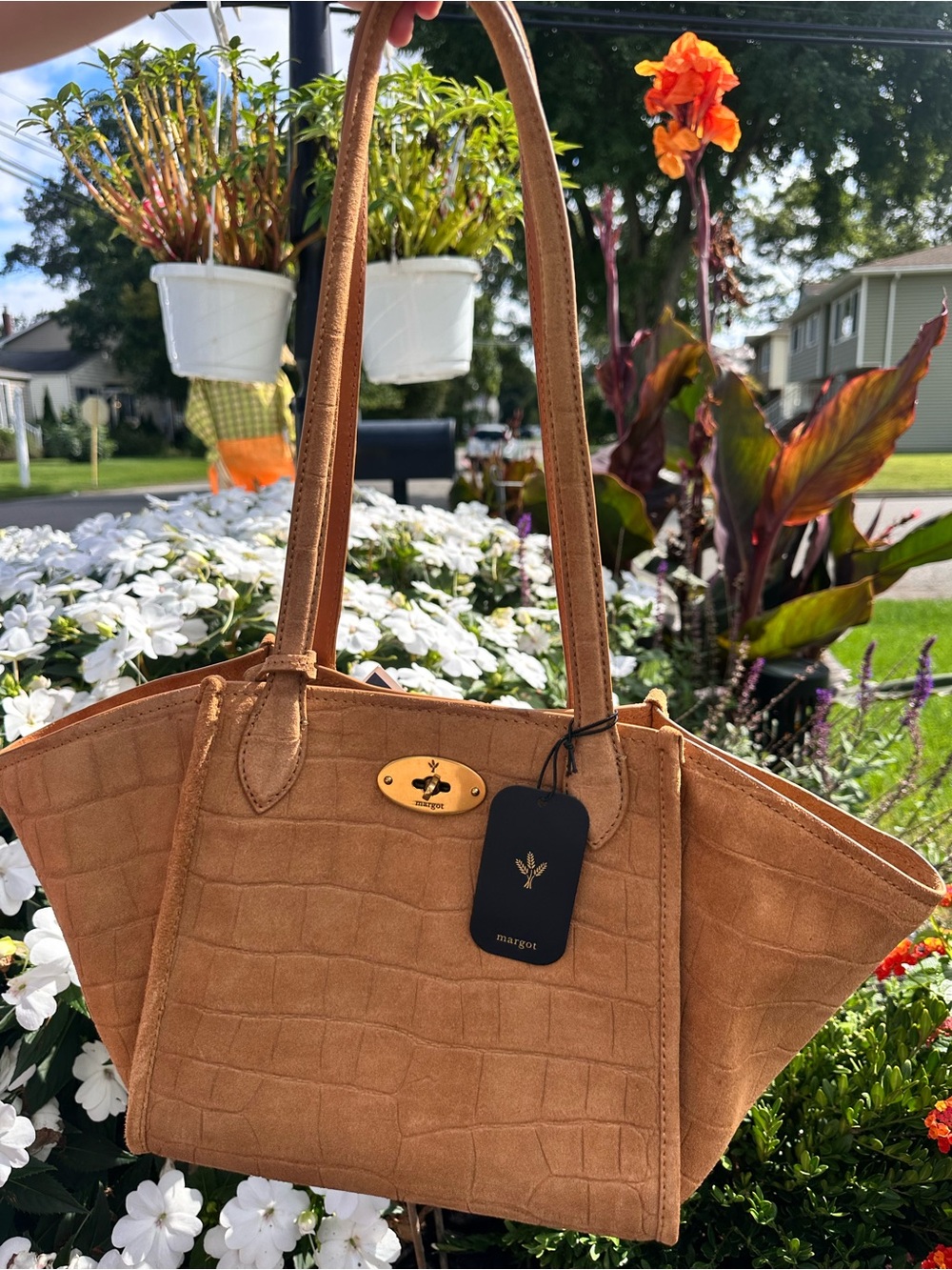 Margot Tan Suede Phoebe Medium Tote Bag - Croc-Embossed